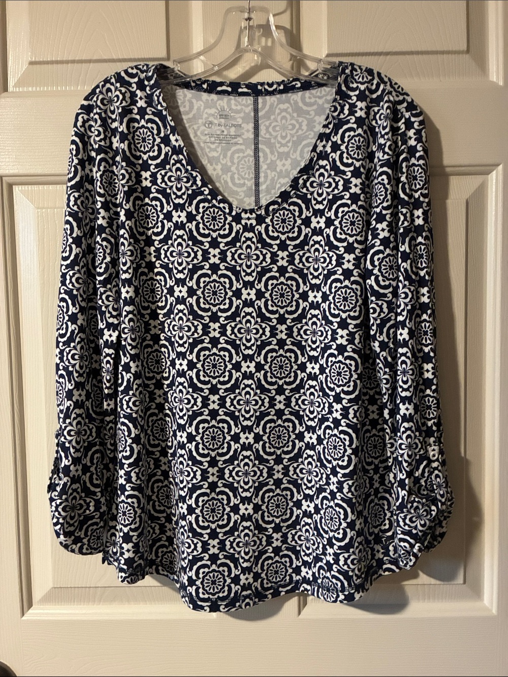 T by Talbots Navy and White Floral Print UPF 50+ Long Sleeve Shirt